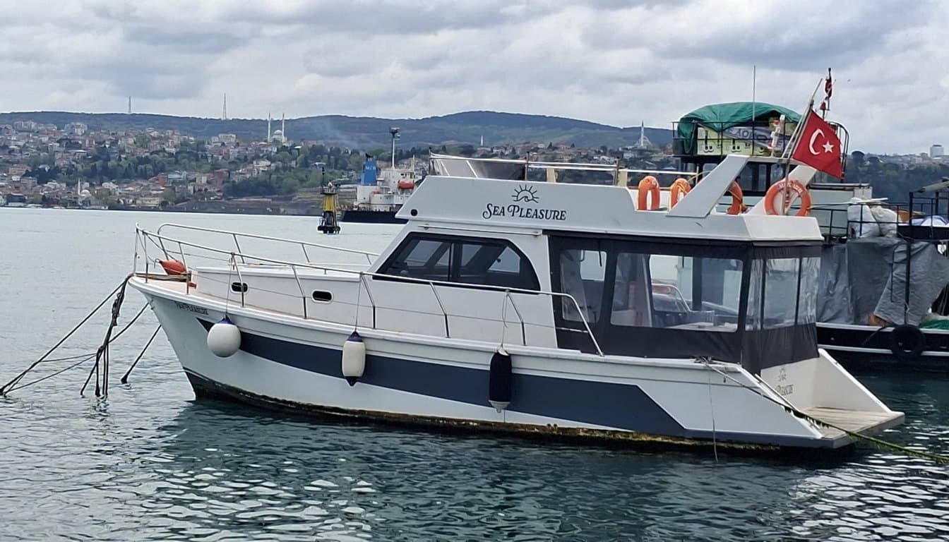 Beykoz kıyısı yakınında, yeşil tepelerin ve sakin koyların önünde demirlemiş küçük butik özel tekne; turkuaz Boğaz suyu ve sıcak akşam ışığı.