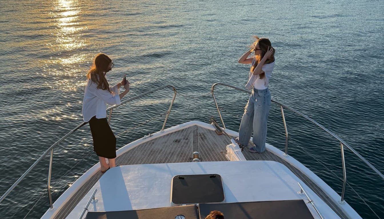 Gün batımında İstanbul Boğazı'nda küçük butik özel teknenin güvertesinde balayı için hazırlanmış romantik masa, iki kadeh, çiçekler ve yumuşak ışık.